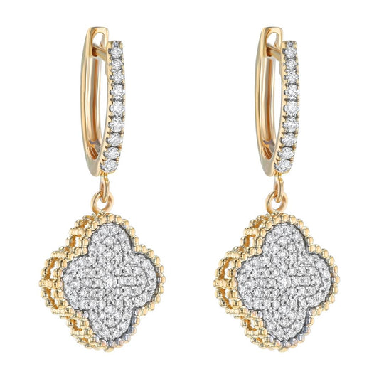 14K Yellow Gold 0.75 carat Diamonds Dandling Clover Hoop Earrings