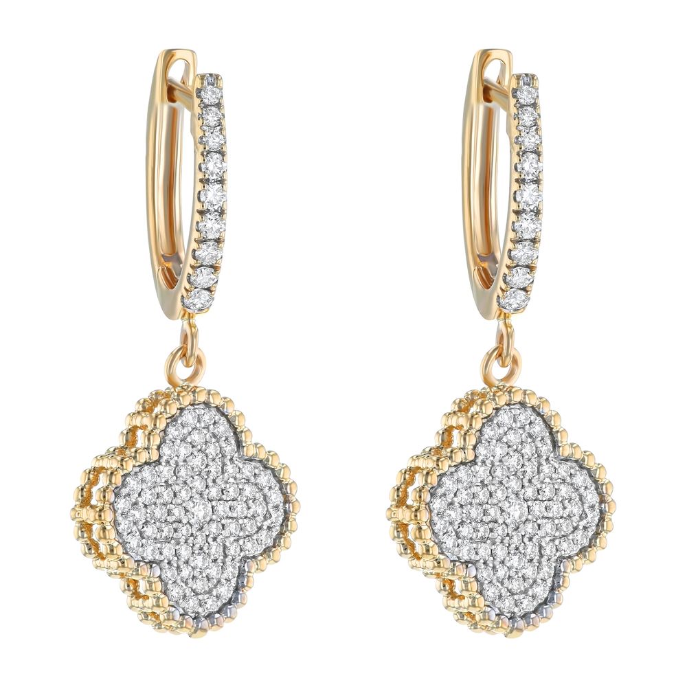 14K Yellow Gold 0.75 carat Diamonds Dandling Clover Hoop Earrings