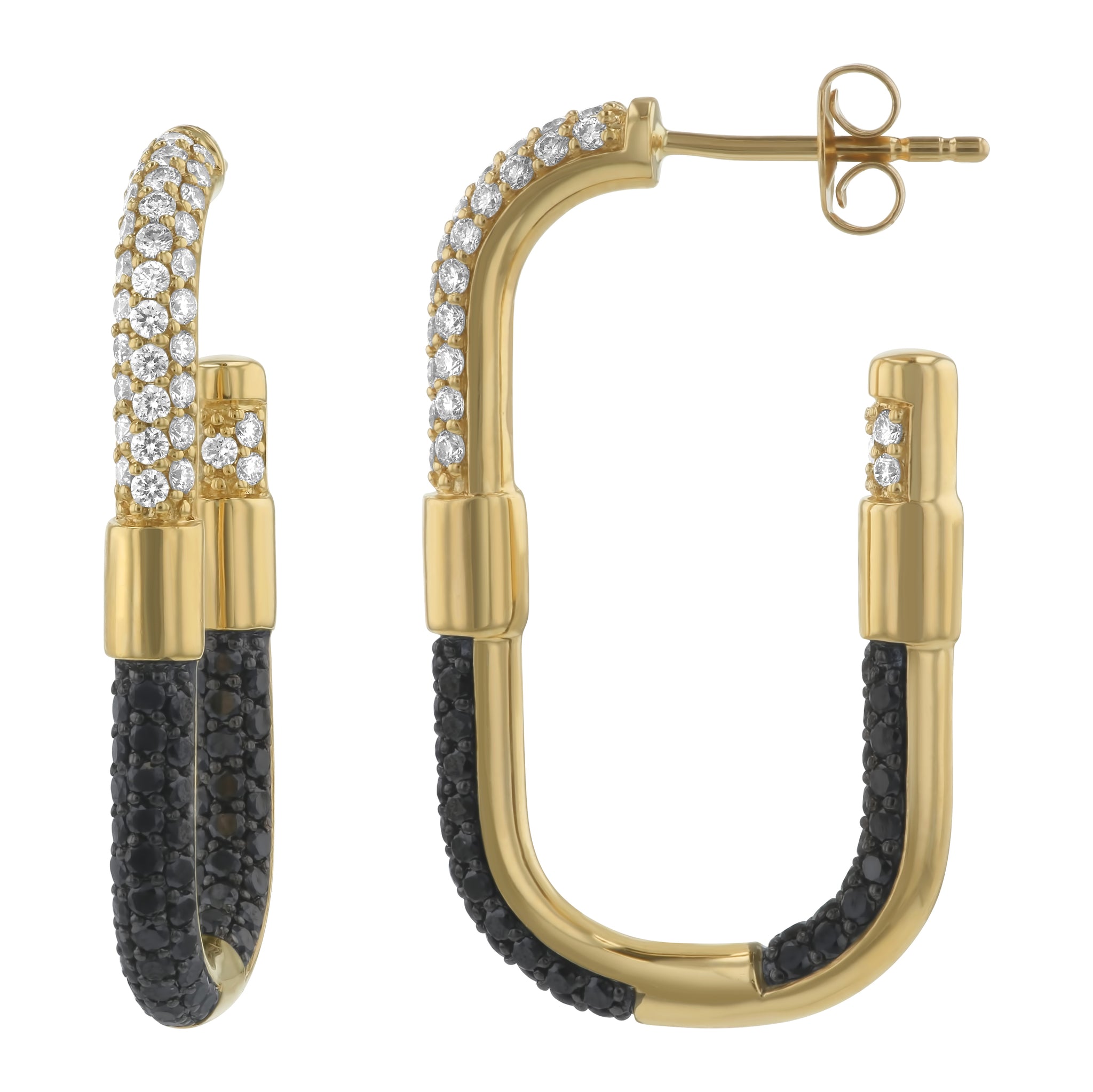 14K Yellow Gold 1.20 carat Black and White Diamonds Inside-Out Hoop Earrings