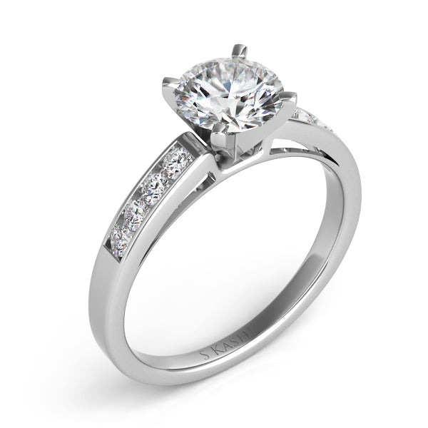 This Engagement Ring  is available in 14K White Gold. There are a total of 8 stones. There are Rounds with a total carat weight of 0.22 set in a Channel Set setting.