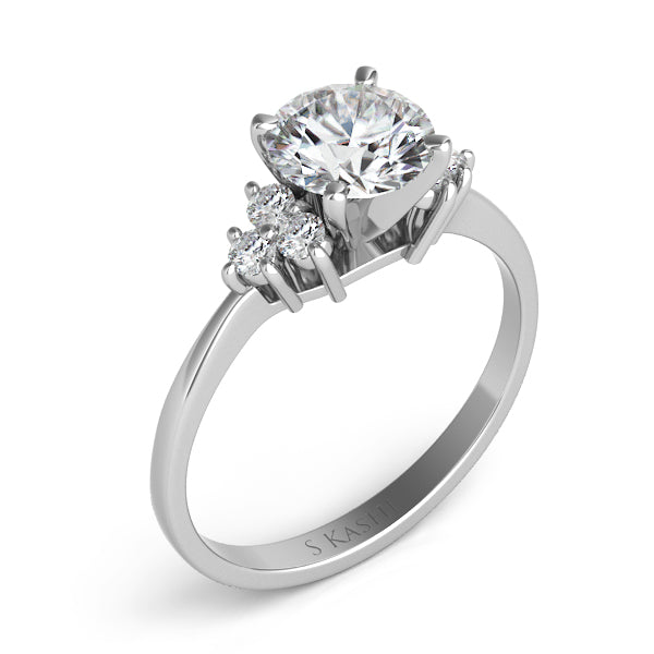This Engagement Ring  is available in 14K White Gold. There are a total of 6 stones. There are Rounds with a total carat weight of 0.18 set in a Prong Set setting.