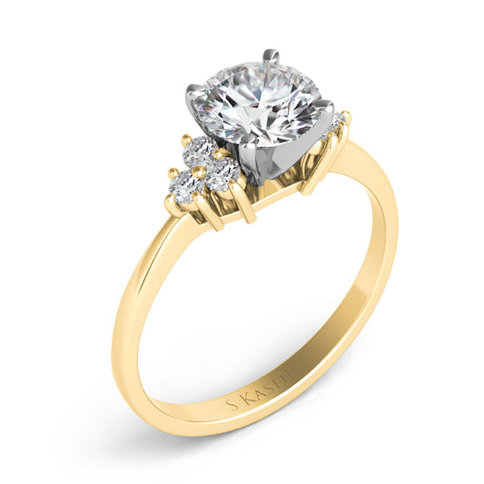 This Engagement Ring  is available in 14K Yellow Gold. There are a total of 6 stones. There are Rounds with a total carat weight of 0.18 set in a Prong Set setting.