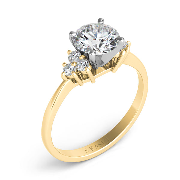 This Engagement Ring  is available in 14K Yellow Gold. There are a total of 6 stones. There are Rounds with a total carat weight of 0.18 set in a Prong Set setting.