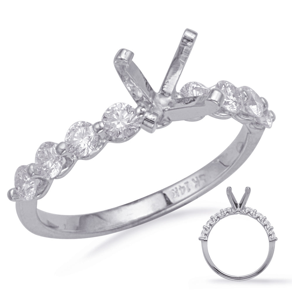 This Engagement Ring  is available in 14K White Gold. There are a total of 8 stones. There are Rounds with a total carat weight of 0.58 set in a Prong Set|Shared Prongs setting.