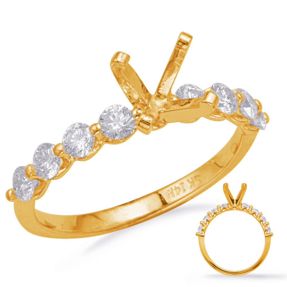 This Engagement Ring  is available in 14K Yellow Gold. There are a total of 8 stones. There are Rounds with a total carat weight of 0.58 set in a Prong Set|Shared Prongs setting.