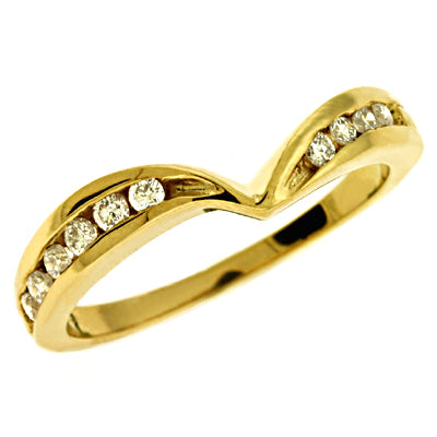 This Band is available in 14K Yellow Gold. There are a total of 10 stones. There are Round with a total carat weight of 0.22 set in a Channel Set setting.