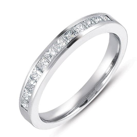 This Band is available in 14K White Gold. There are a total of 12 stones. There are Princess with a total carat weight of 0.54 set in a Channel Set setting.