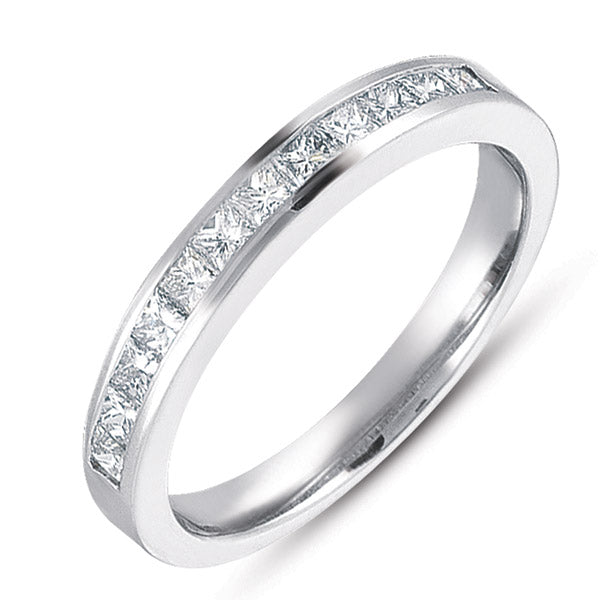 This Band is available in 14K White Gold. There are a total of 12 stones. There are Princess with a total carat weight of 0.54 set in a Channel Set setting.