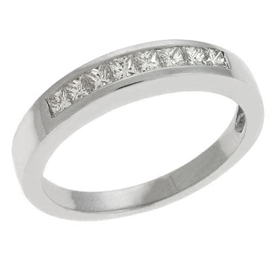This Band is available in 14K White Gold. There are a total of 8 stones. There are Princess with a total carat weight of 0.48 set in a Channel Set setting.