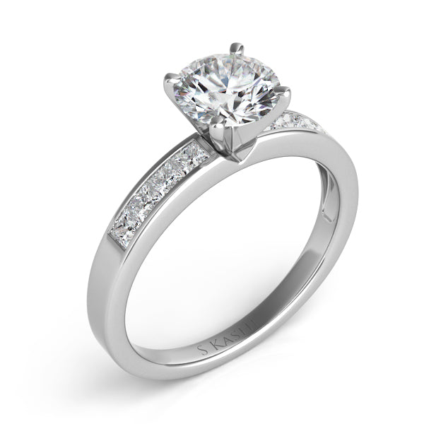 This Engagement Ring  is available in 14K White Gold. There are a total of 8 stones. There are Princess with a total carat weight of 0.4 set in a Channel Set setting.