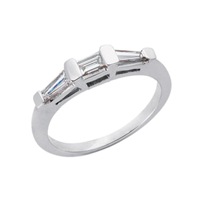 This Band is available in 14K White Gold. There are a total of 3 stones. There are Baguette with a total carat weight of 0.15 set in a  setting.There are Tapered Baguettes stones with a total carat weight of 0.35 set in a .