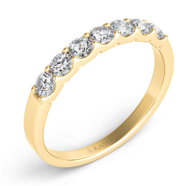 This Band is available in 14K Yellow Gold. There are a total of 7 stones. There are Round with a total carat weight of 0.51 set in a Prong Set setting.