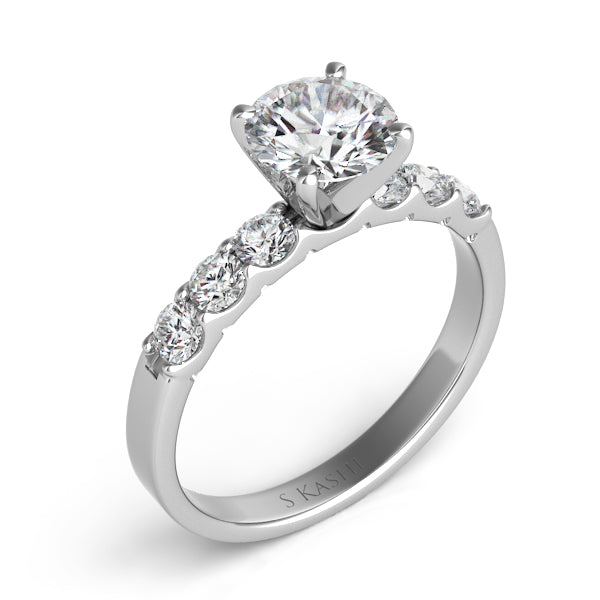 This Engagement Ring  is available in 14K White Gold. There are a total of 6 stones. There are Rounds with a total carat weight of 0.43 set in a Prong Set setting.