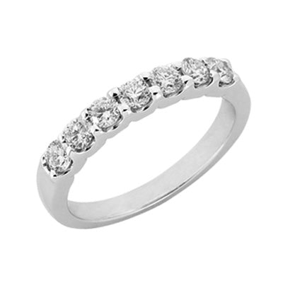 This Band is available in 14K White Gold. There are a total of 7 stones. There are Round with a total carat weight of 0.64 set in a  setting.