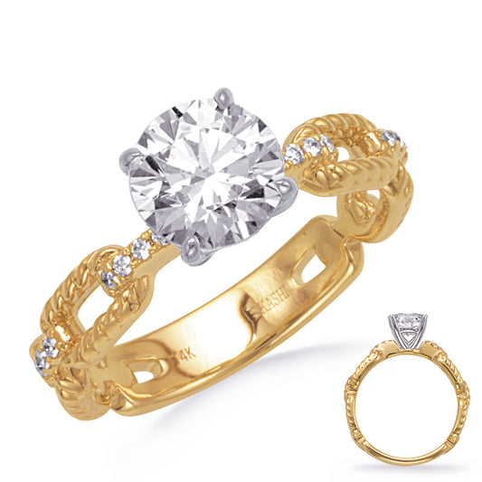 This Engagement Ring  is available in 14K Yellow & White Gold. There are a total of 16 stones. There are Rounds with a total carat weight of 0.1 set in a Micro Prong setting.