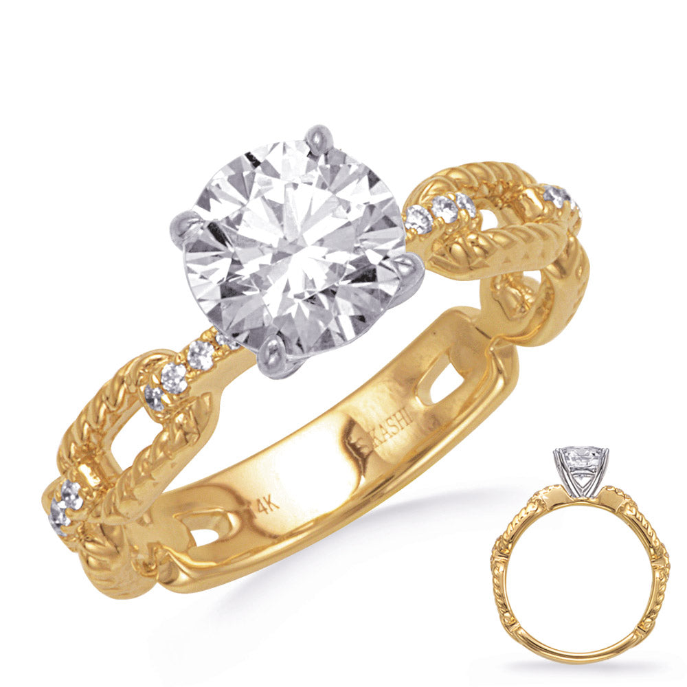 This Engagement Ring  is available in 14K Yellow & White Gold. There are a total of 16 stones. There are Rounds with a total carat weight of 0.1 set in a Micro Prong setting.