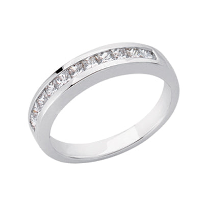 This Band is available in 14K White Gold. There are a total of 11 stones. There are Princess with a total carat weight of 0.6 set in a Channel Set setting.