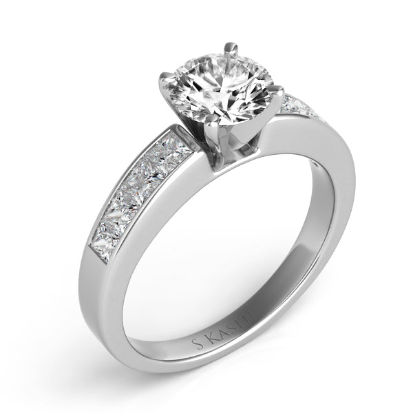 This Engagement Ring  is available in 14K White Gold. There are a total of 8 stones. There are Princess with a total carat weight of 0.6 set in a Channel Set setting.