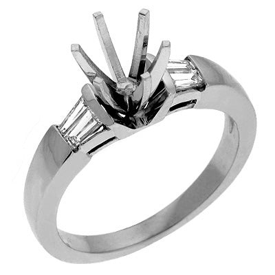 This Engagement Ring  is available in 14K White Gold. There are a total of 6 stones. There are Tapered Baguettes with a total carat weight of 0.3 set in a Channel Set setting.