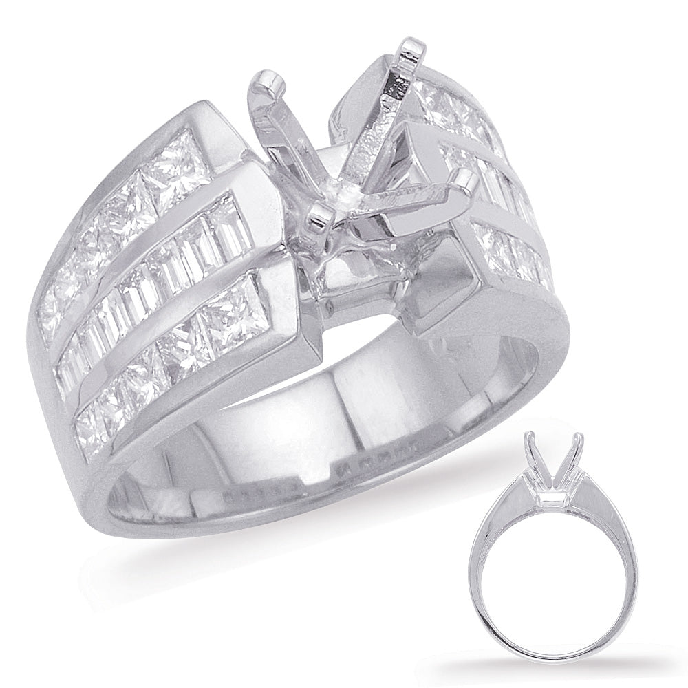 This Engagement Ring  is available in 14K White Gold. There are a total of 36 stones. There are Baguette with a total carat weight of 0.6 set in a Channel Set setting.There are Princess stones with a total carat weight of 1.65 set in a Channel Set.