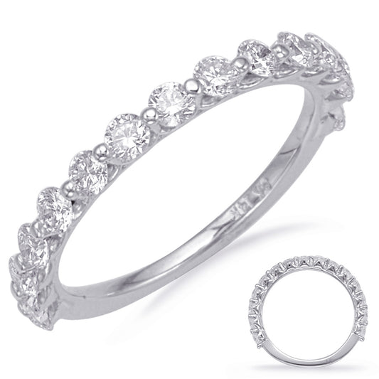 This Band is available in 14K White Gold. There are a total of 15 stones. There are Round with a total carat weight of 0.94 set in a Shared Prongs setting.