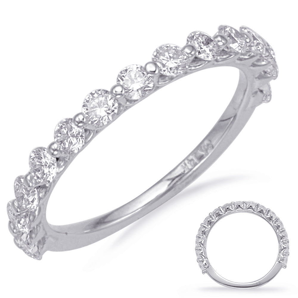 This Band is available in 14K White Gold. There are a total of 15 stones. There are Round with a total carat weight of 0.94 set in a Shared Prongs setting.