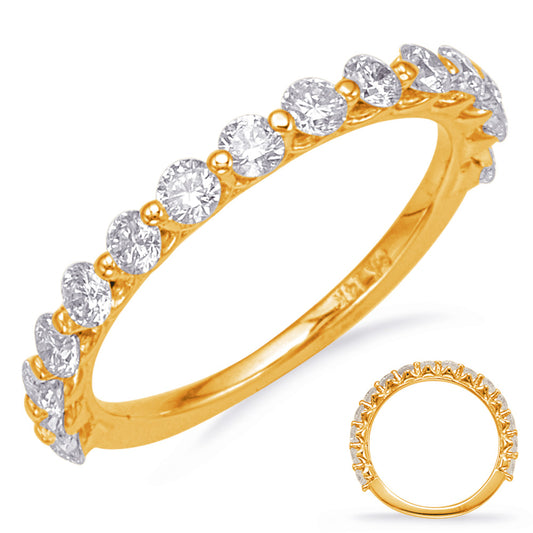 This Band is available in 14K Yellow Gold. There are a total of 15 stones. There are Round with a total carat weight of 0.94 set in a Shared Prongs setting.