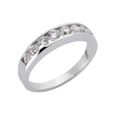 This Band is available in 14K White Gold. There are a total of 11 stones. There are Round with a total carat weight of 0.89 set in a  setting.