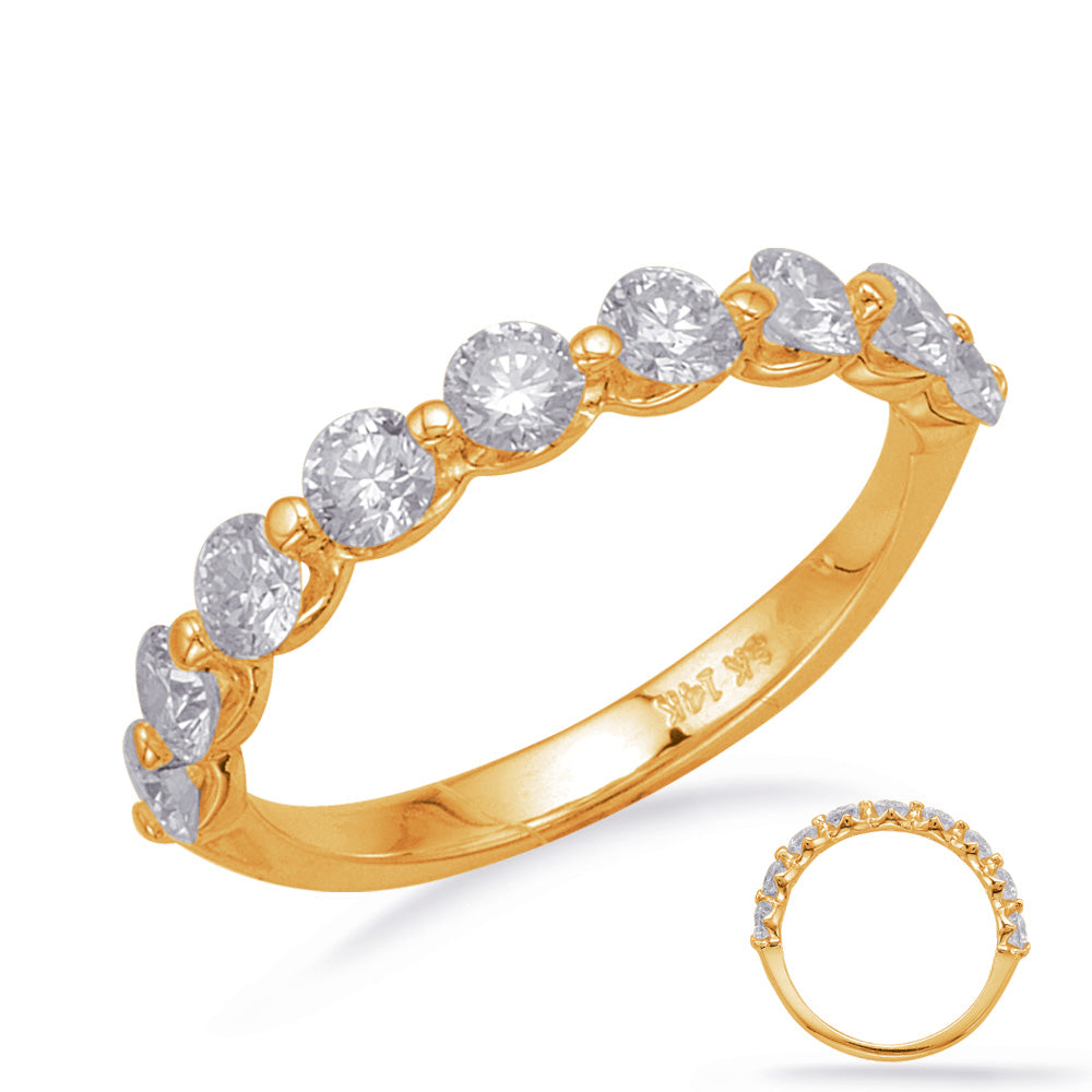 This Band is available in 14K Yellow Gold. There are a total of 9 stones. There are Round with a total carat weight of 1.1 set in a  setting.