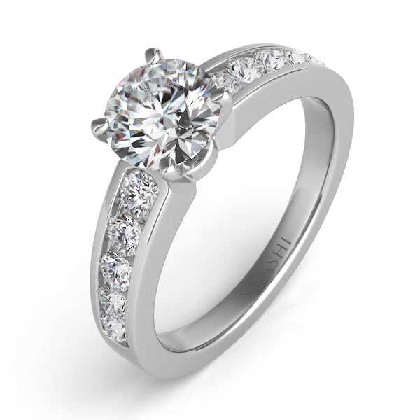 This Engagement Ring  is available in 14K White Gold. There are a total of 10 stones. There are Rounds with a total carat weight of 0.49 set in a Channel Set setting.