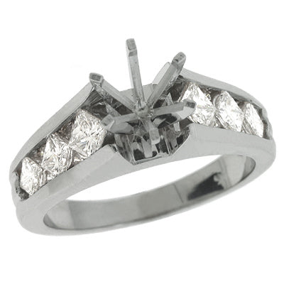 This Engagement Ring  is available in 14K White Gold. There are a total of 14 stones. There are Princess with a total carat weight of 0.85 set in a Channel Set setting.There are Rounds stones with a total carat weight of 0.15 set in a Channel Set.