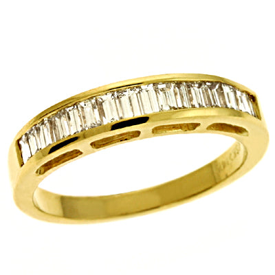 This Band is available in 14K Yellow Gold. There are a total of 13 stones. There are Baguette with a total carat weight of 0.6 set in a  setting.