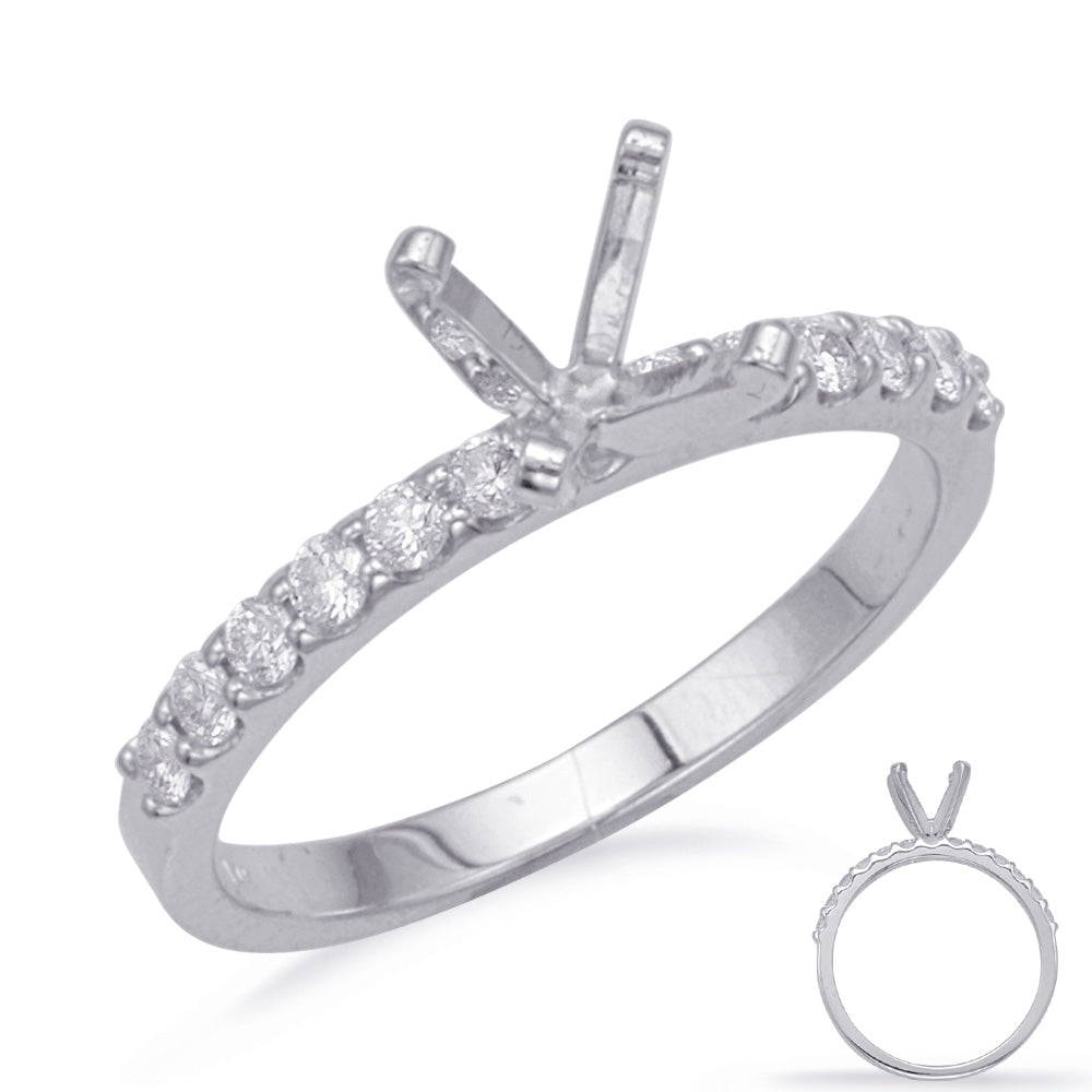 This Engagement Ring  is available in 14K White Gold. There are a total of 12 stones. There are Rounds with a total carat weight of 0.3 set in a Prong Set|Shared Prongs setting.