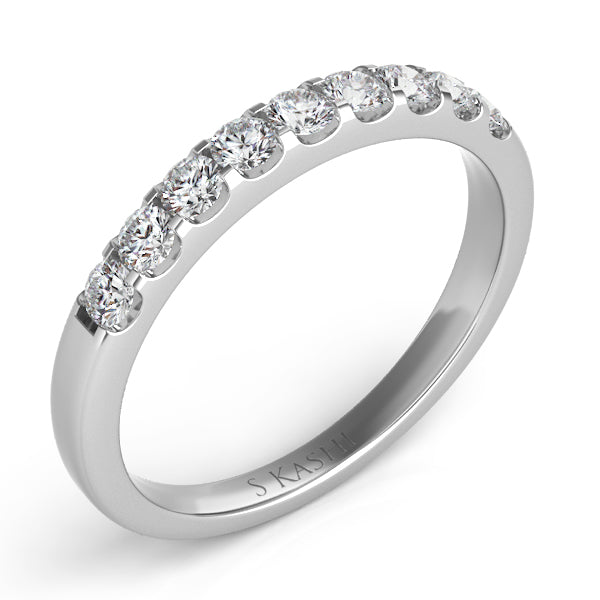 This Band is available in 14K White Gold. There are a total of 9 stones. There are Round with a total carat weight of 0.39 set in a Prong Set setting.