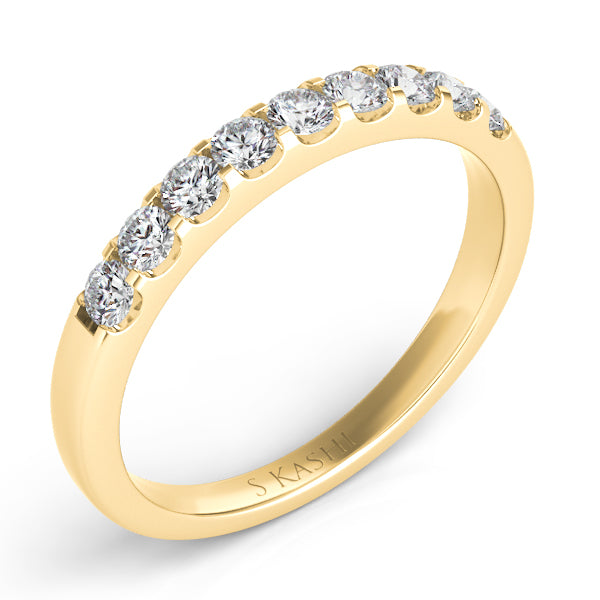 This Band is available in 14K Yellow Gold. There are a total of 9 stones. There are Round with a total carat weight of 0.39 set in a Prong Set setting.