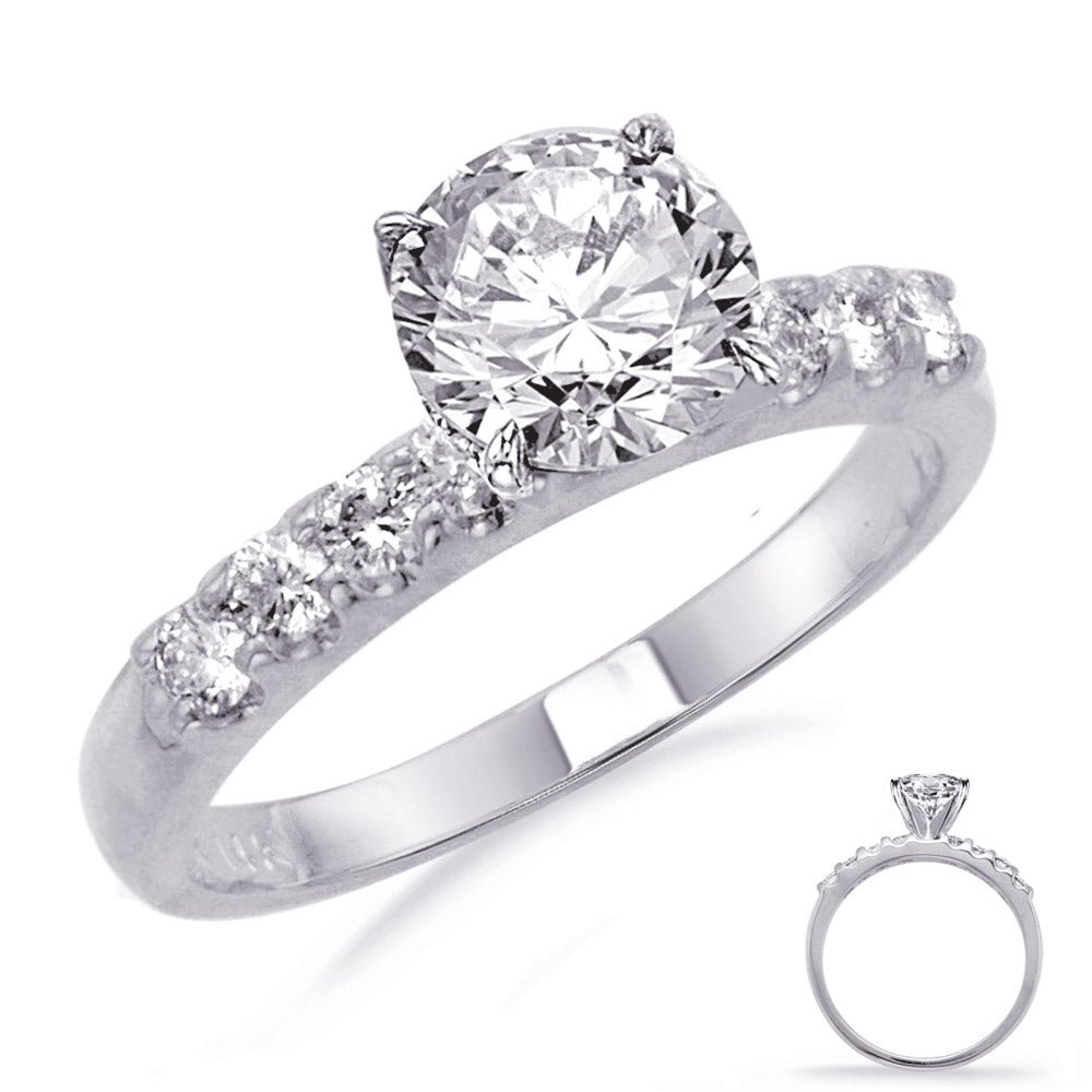 This Engagement Ring  is available in 14K White Gold. There are a total of 8 stones. There are Rounds with a total carat weight of 0.34 set in a Prong Set setting.