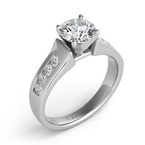This Engagement Ring  is available in 14K White Gold. There are a total of 8 stones. There are Rounds with a total carat weight of 0.27 set in a Channel Set setting.