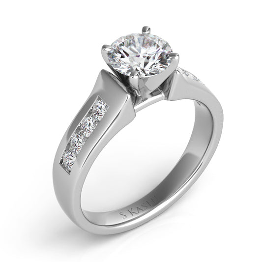 This Engagement Ring  is available in 14K White Gold. There are a total of 8 stones. There are Rounds with a total carat weight of 0.27 set in a Channel Set setting.
