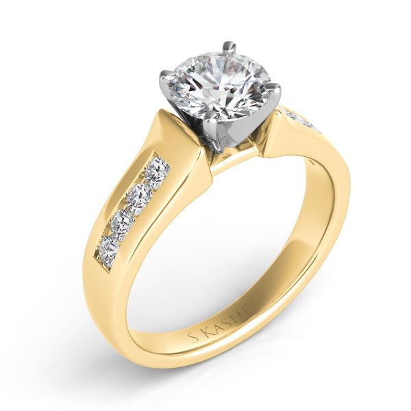 This Engagement Ring  is available in 14K Yellow Gold. There are a total of 8 stones. There are Rounds with a total carat weight of 0.27 set in a Channel Set setting.
