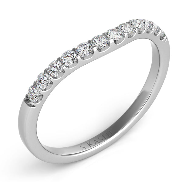 This Band is available in 14K White Gold. There are a total of 12 stones. There are Round with a total carat weight of 0.22 set in a Prong Set setting.