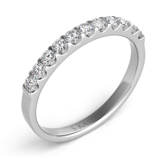 This Band is available in 14K White Gold. There are a total of 11 stones. There are Round with a total carat weight of 0.43 set in a Prong Set setting.