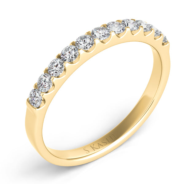 This Band is available in 14K Yellow Gold. There are a total of 11 stones. There are Round with a total carat weight of 0.43 set in a Prong Set setting.