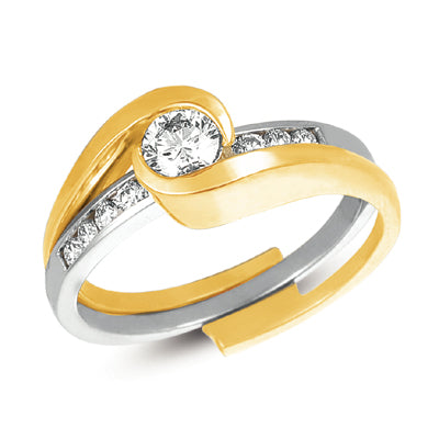 This Engagement Ring  is available in 14K Yellow & White Gold. There are a total of 11 stones. There are Rounds with a total carat weight of 0.55 set in a Channel Set setting.