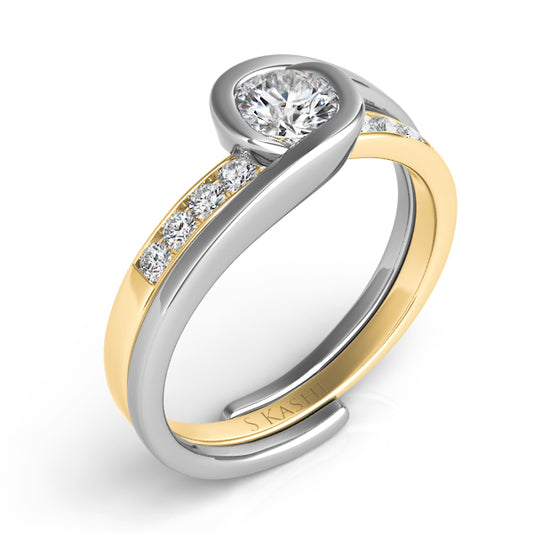 This Engagement Ring  is available in 14K Yellow & White Gold. There are a total of 11 stones. There are Rounds with a total carat weight of 0.55 set in a Channel Set setting.