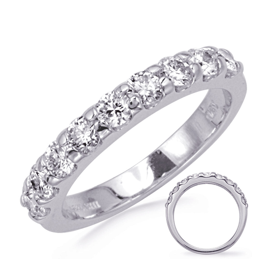 This Band is available in 14K White Gold. There are a total of 9 stones. There are Round with a total carat weight of 0.9 set in a  setting.
