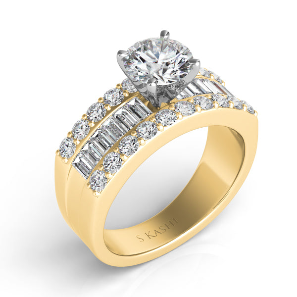 This Engagement Ring  is available in 14K Yellow & White Gold. There are a total of 32 stones. There are Baguette with a total carat weight of 0.64 set in a Channel Set|Prong Set setting.There are Rounds stones with a total carat weight of 0.76 set in a Channel Set|Prong Set.