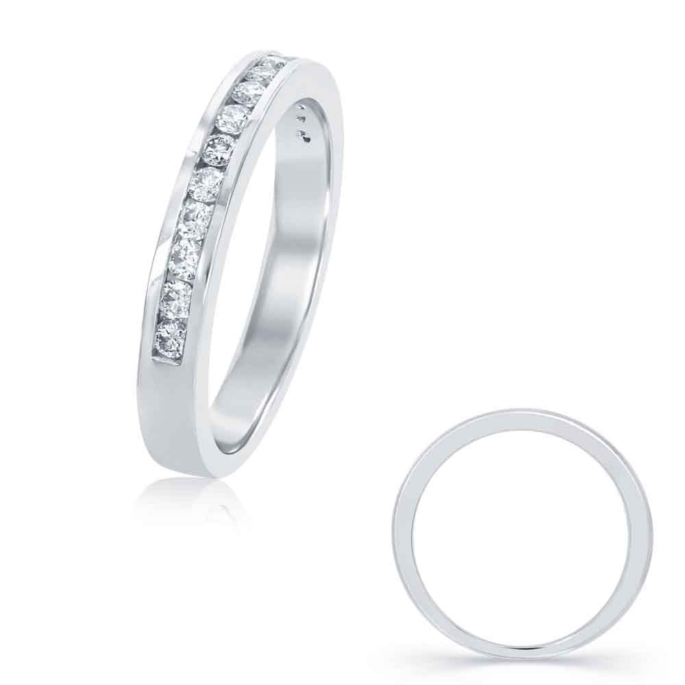 This Band is available in 14K White Gold. There are a total of 15 stones. There are Round with a total carat weight of 0.32 set in a Channel Set setting.