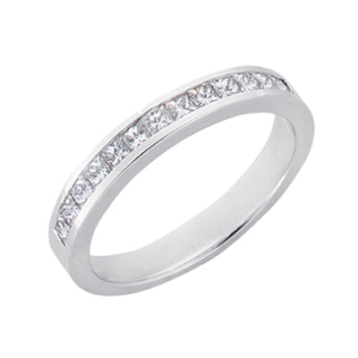 This Band is available in 14K White Gold. There are a total of 13 stones. There are Princess with a total carat weight of 0.65 set in a Channel Set setting.