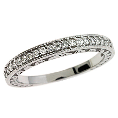This Band is available in 14K White Gold. There are a total of 19 stones. There are Round with a total carat weight of 0.2 set in a Micro Pave setting.
