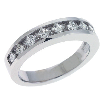 This Band is available in 14K White Gold. There are a total of 25 stones. There are Princess with a total carat weight of 0.6 set in a Channel Set setting.There are Round stones with a total carat weight of 0.16 set in a Channel Set.